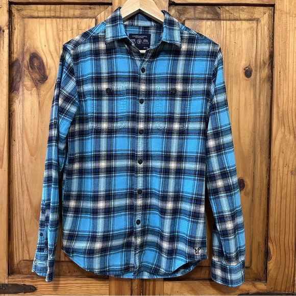 American Eagle Plaid Button Down Shirt Turquoise Blue Black 100% Cotton - XS - Picture 9 of 10